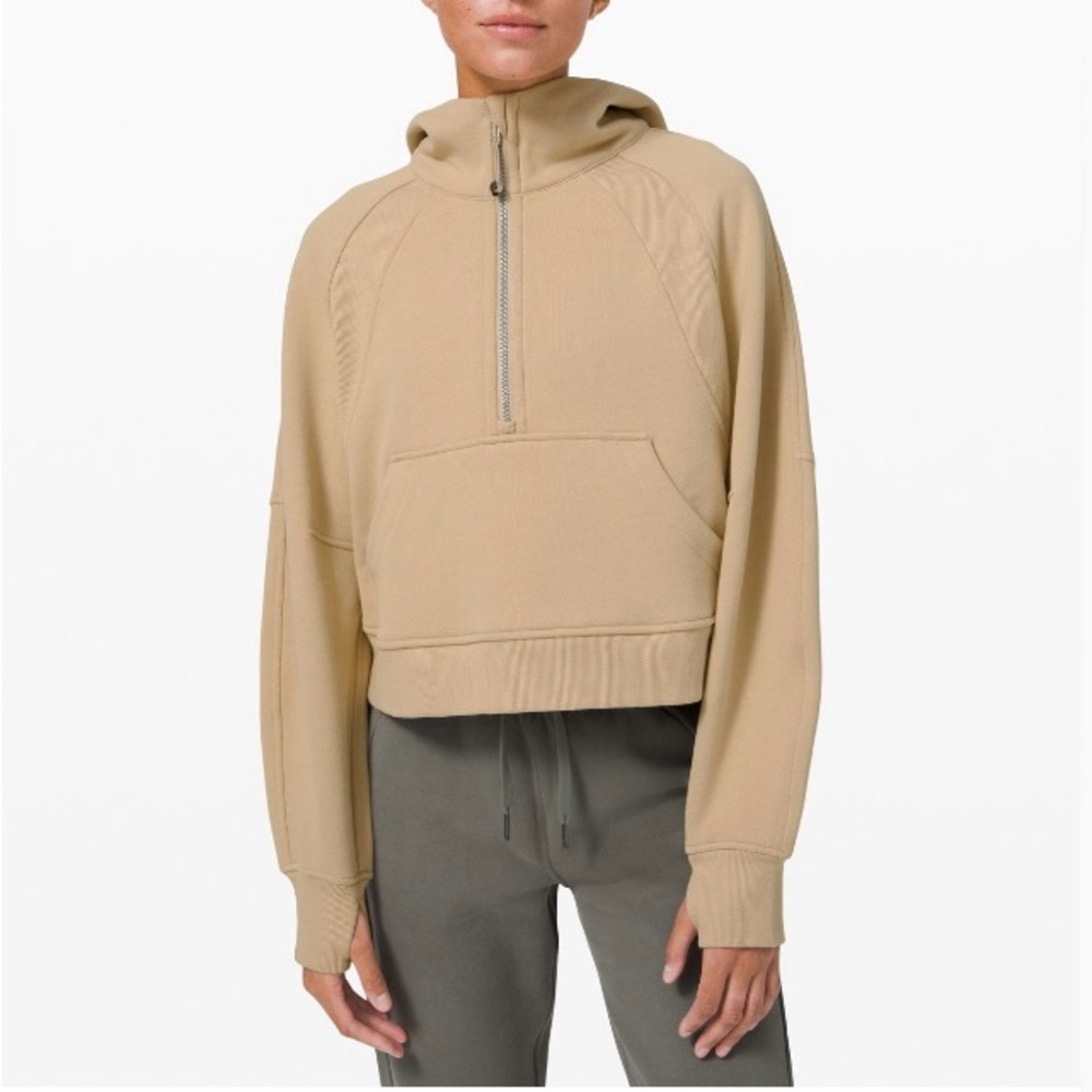Cropped Half-Zip Hooded Sweatshirt - Beige